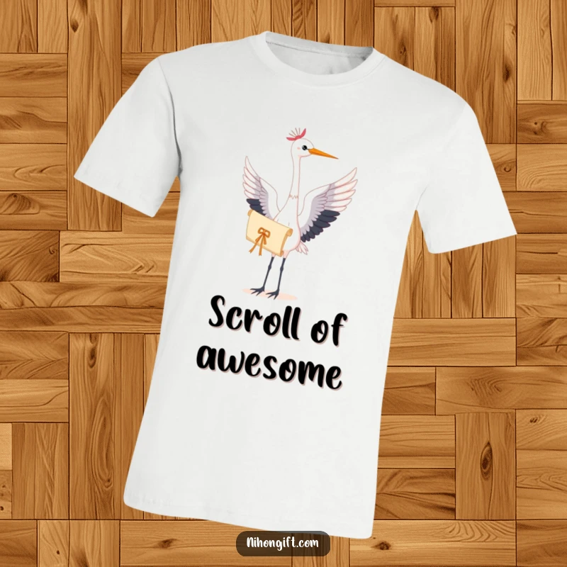 T-Shirt featuring a graceful crane holding a delicate scroll, symbolizing peace and artistic flair for the wearer.
