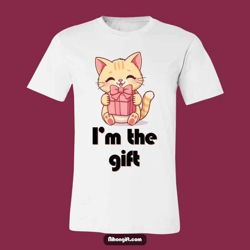 Funny Kawaii Cat T-Shirt: Cute Kitty Holding Gift Box Graphic Tee