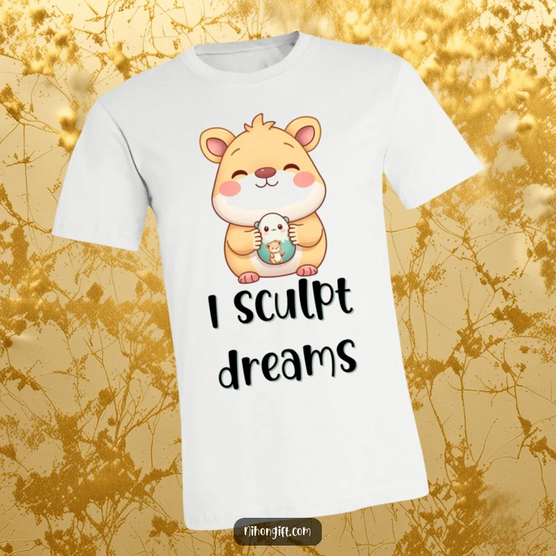 Funny t-shirt featuring a happy animal proudly presenting a small, meticulously painted ceramic figure, radiating artistic accomplishment.