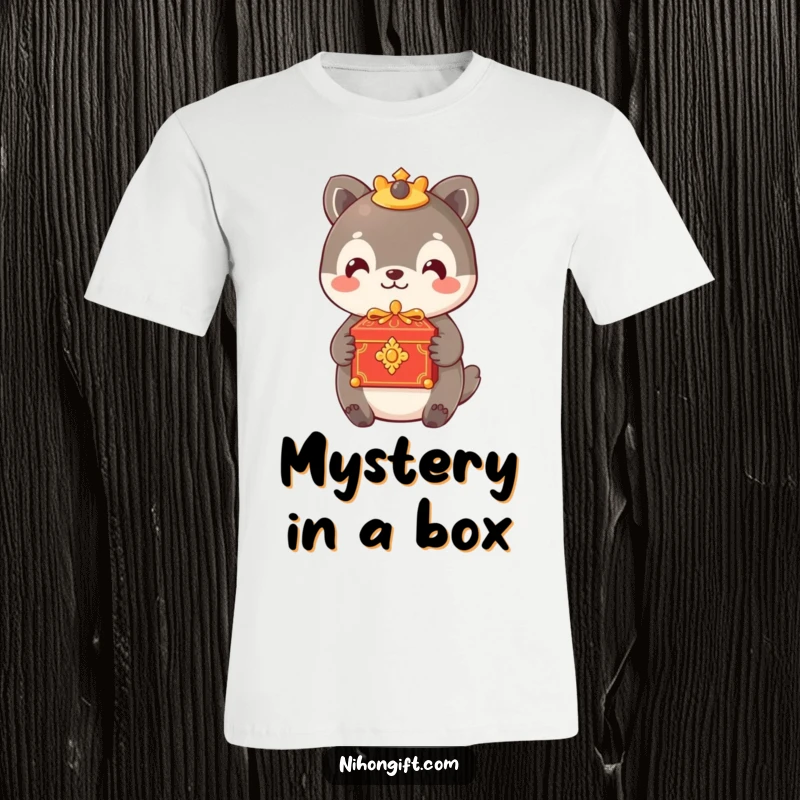 Funny t-shirt showing an animal offering a small, ornate box with a gentle smile, perfect for thoughtful people.