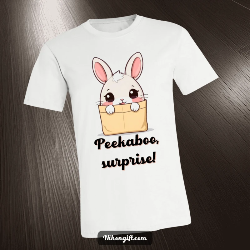 Funny cute bunny character in a t-shirt, peering inquisitively into a paper bag, showing playful interest.