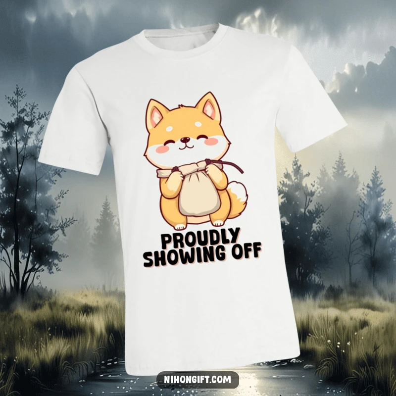 Funny cheerful Shiba Inu in a t-shirt, proudly presenting a delicate silk pouch, showing happy pride.
