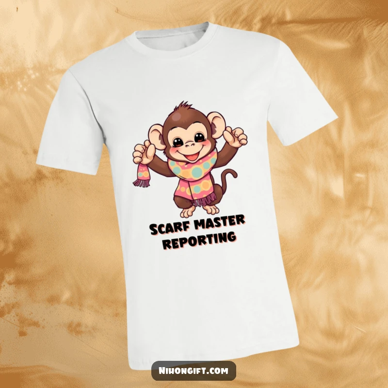 Funny Monkey T-Shirt: A playful monkey excitedly presents a vibrant, patterned scarf, radiating happiness and charm, a great gift.