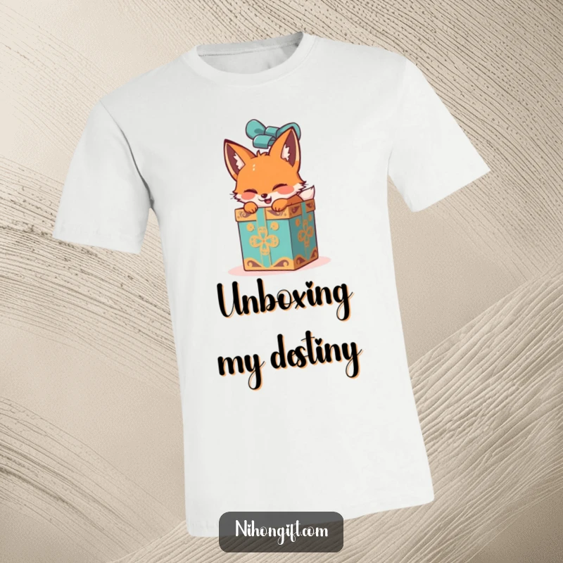 Funny fox character in a t-shirt, eagerly unwrapping a huge, ornate gift box, radiating excitement and delight.