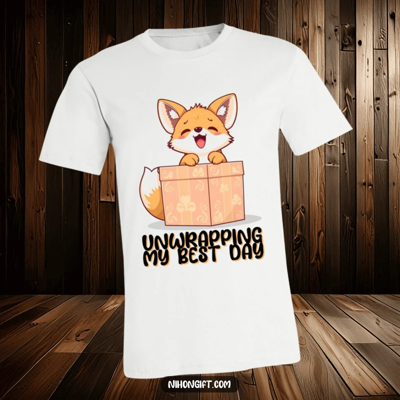 Funny cute fox puppy gleefully unwrapping a large, ornate gift box on a t-shirt, perfect for gift-themed humor.