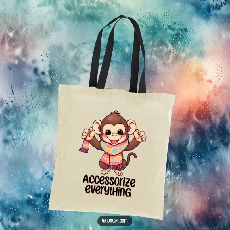 Funny Monkey Tote Bag: A playful monkey joyfully presents a vibrant, patterned scarf, perfect for carrying essentials with humor.