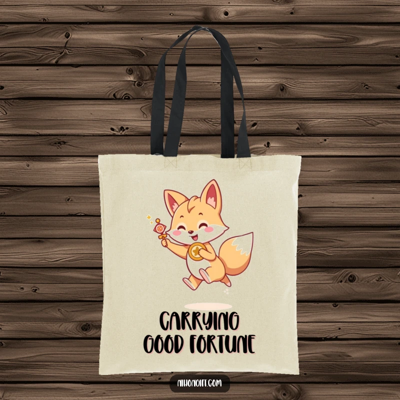 Funny Kawaii fox holding a lucky charm, joyfully leaping forward, on a durable tote bag, a functional funny gift.