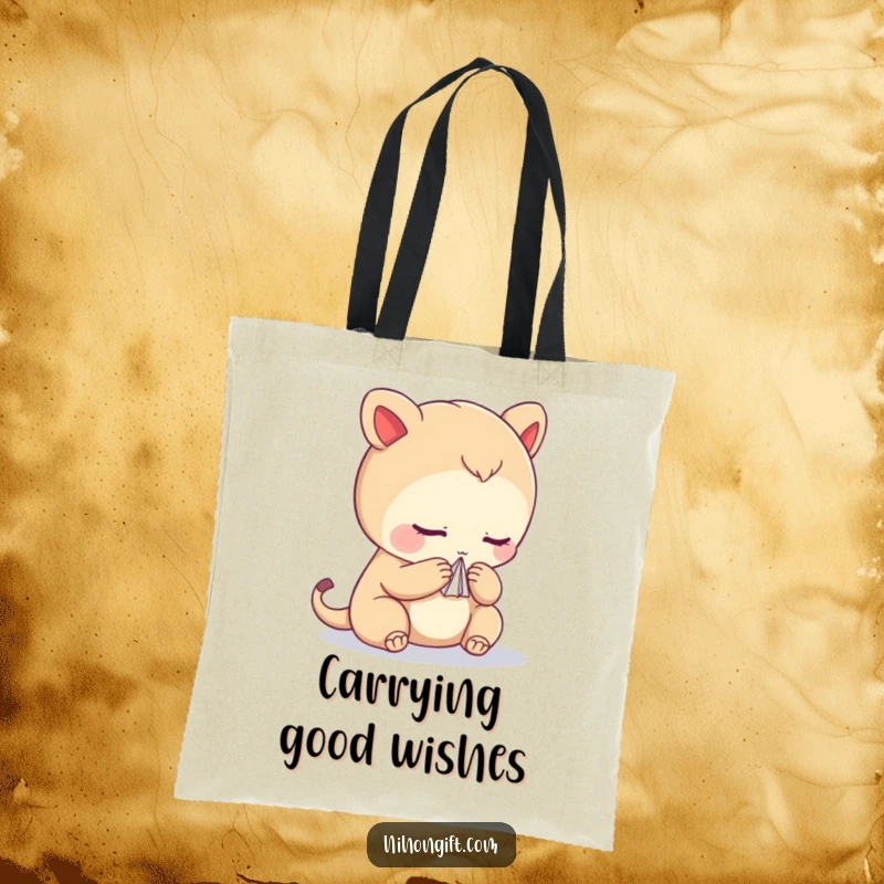 Funny tote bag depicting a creature bowing with a small paper crane, ideal for carrying art supplies or daily items.