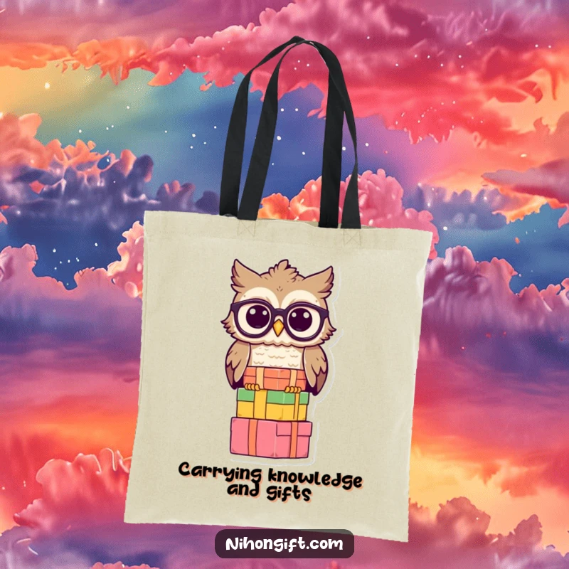 Funny owl tote bag showing a wise owl with spectacles balancing gift boxes, great for carrying essentials.