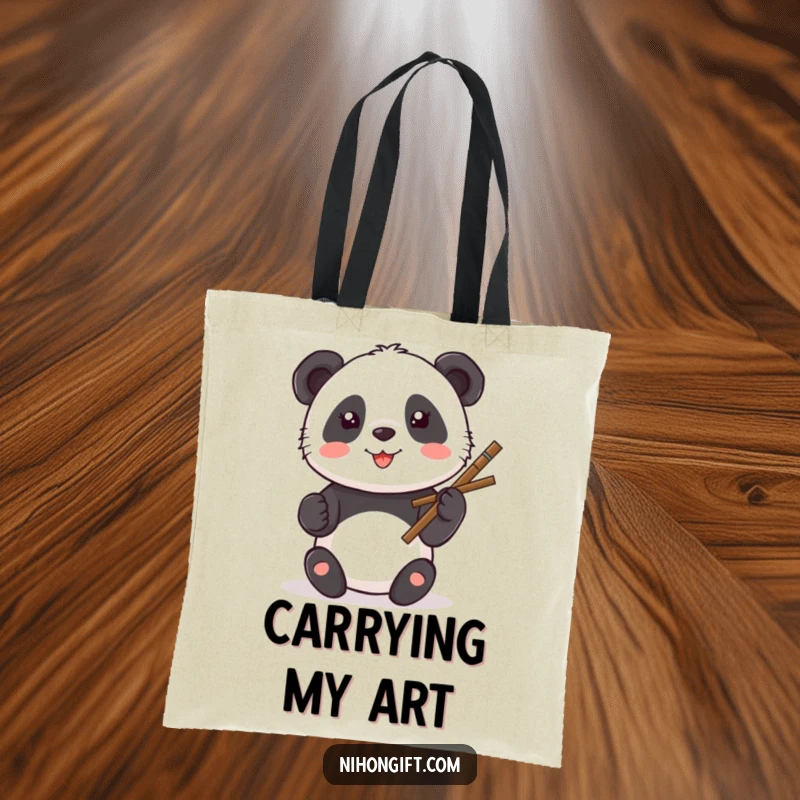 Funny Kawaii Panda Tote Bag with a panda painting a smiley face using a calligraphy brush.