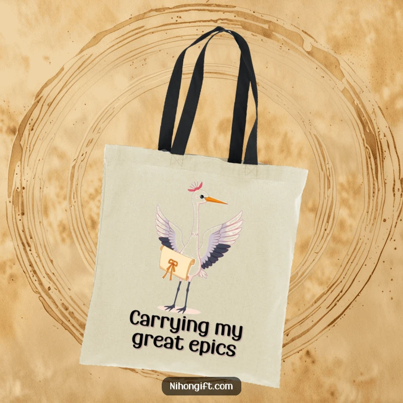 Durable tote bag showcasing a graceful crane holding a delicate scroll, perfect for carrying essentials with artistic flair.