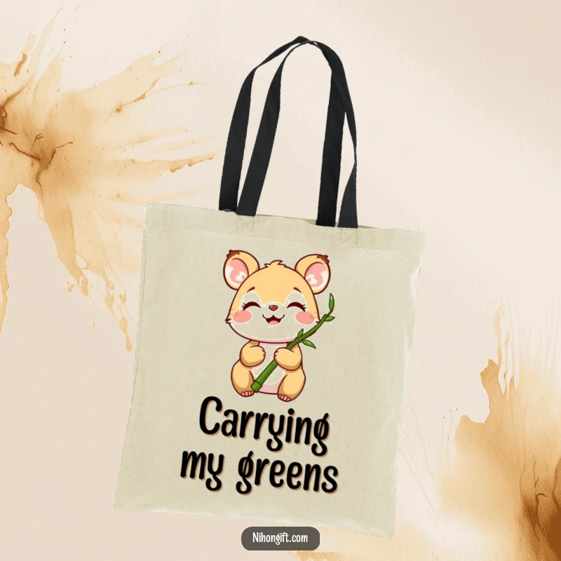 Funny tote bag featuring a joyful animal holding a miniature bamboo stalk, perfect for carrying essentials peacefully.