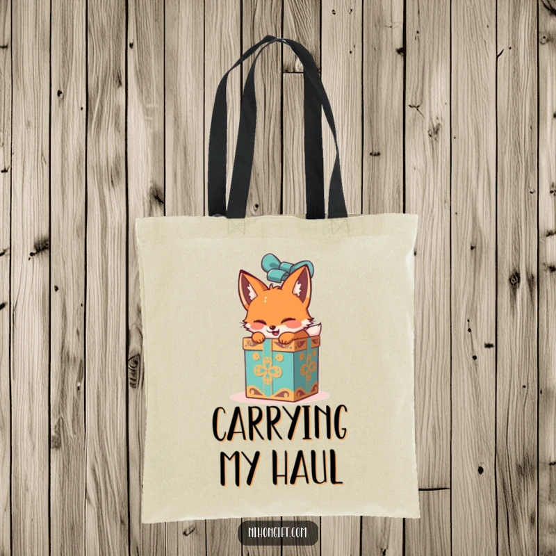Funny fox tote bag showcasing an excited unwrapping of a grand, ornate gift box, capturing playful anticipation.