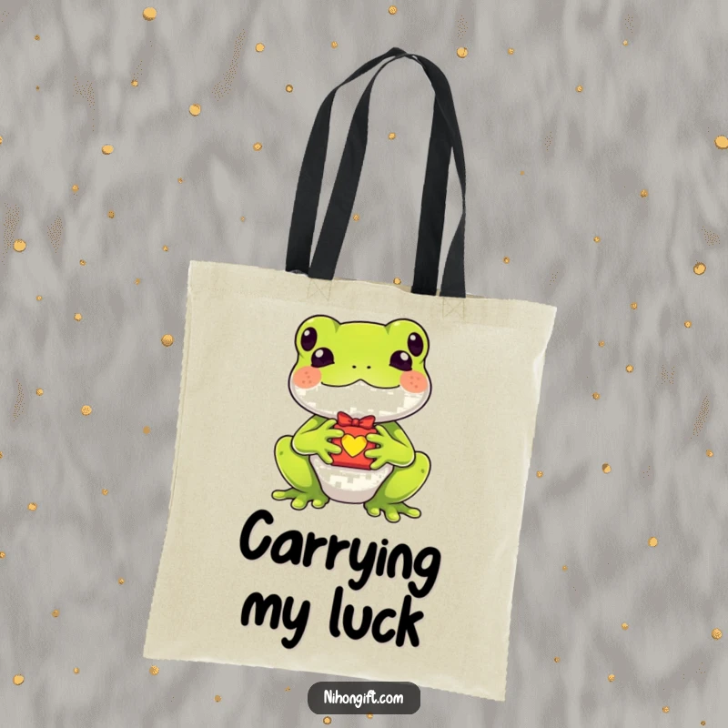 Funny kawaii frog holding a tiny lucky charm gift on a durable tote bag, perfect for carrying luck.