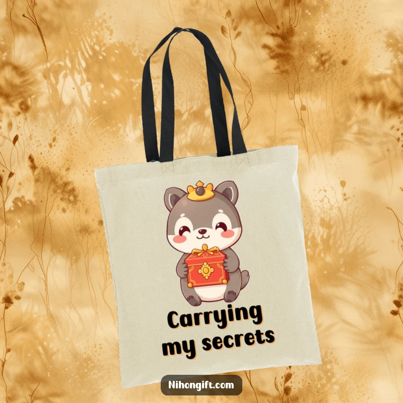 Funny tote bag with an animal offering a small, ornate box with a gentle smile, ideal for daily use.