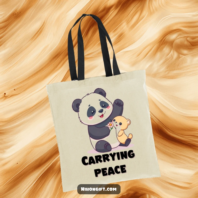 Funny tote bag with a playful panda gifting a flower, perfect for shoppers who appreciate cute and humorous designs.
