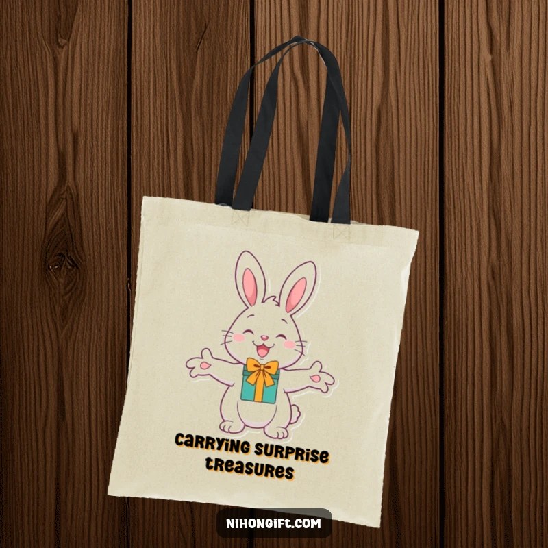 Funny Cheerful Bunny Tote Bag with paws extended for a gift, symbolizing generosity and humorous surprises.