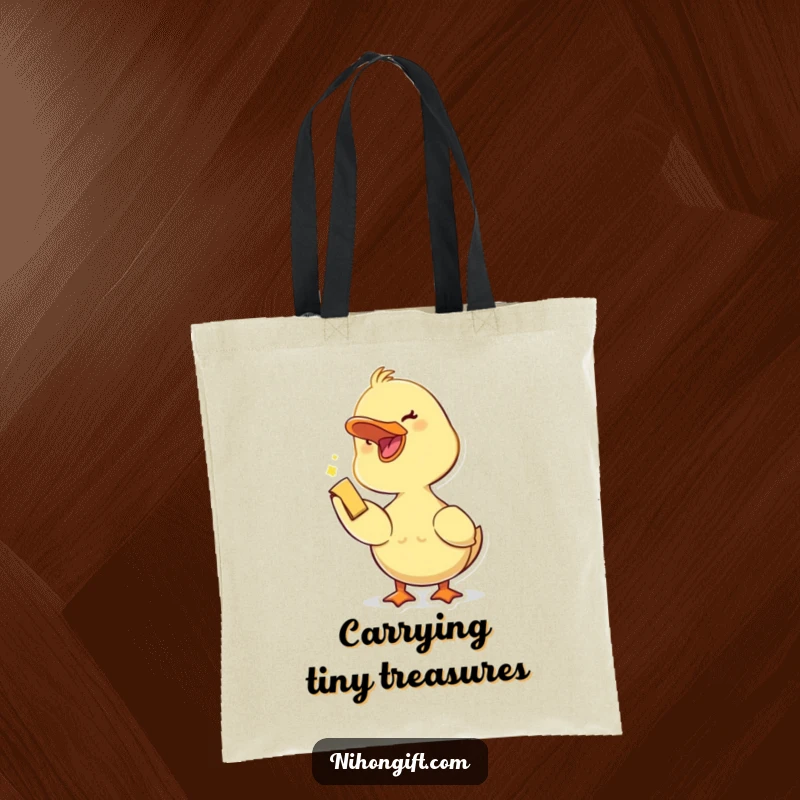 Funny duckling with an open beak joyfully accepting a small trinket, on a durable tote bag for shopping.