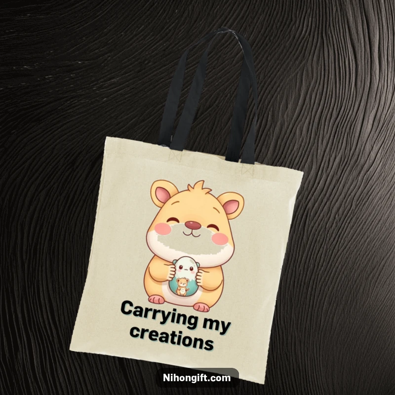 Funny tote bag with a happy animal proudly holding a small, painted ceramic figure, ideal for artists and craft lovers.