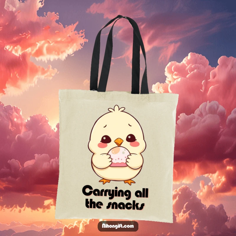 Funny Chubby Chick Tote Bag showcasing a wide-smiling chick holding a scrumptious mochi, great for shopping with humor.