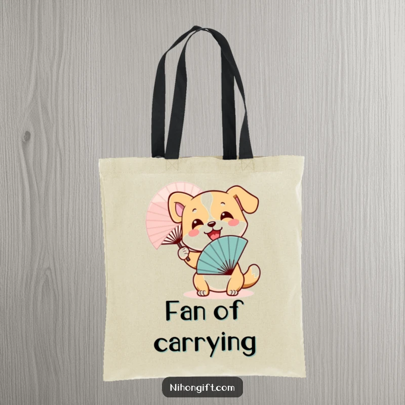 Funny Dog Fan Tote Bag: Smiling dog character energetically waving a traditional Japanese fan, perfect for shopping.