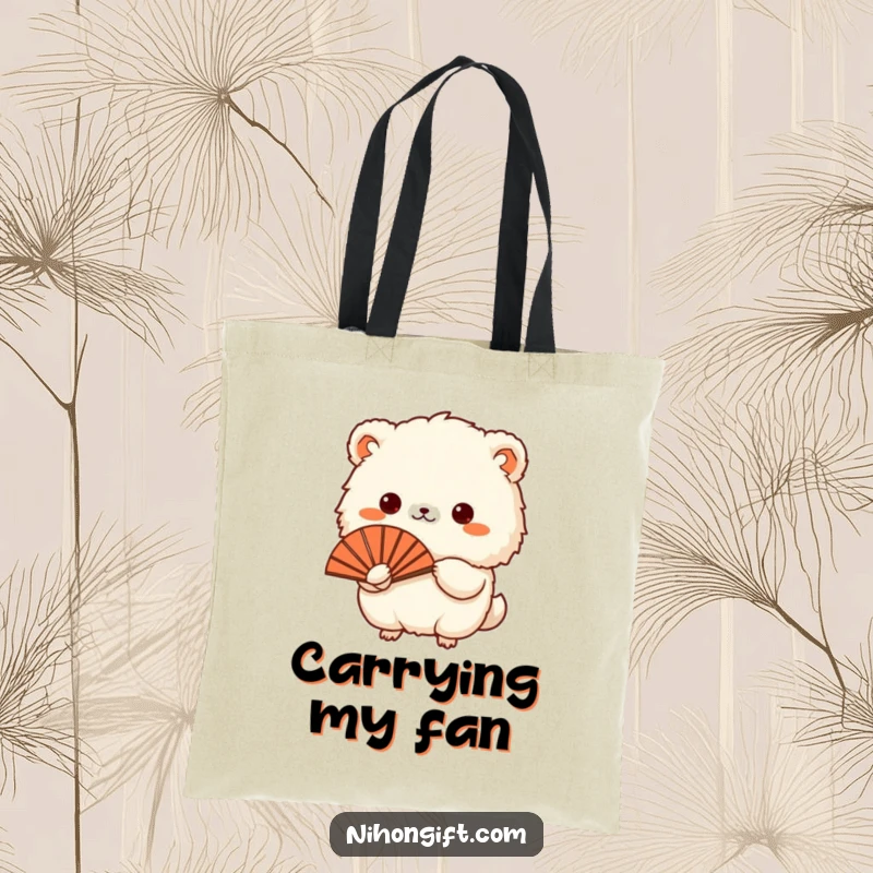 Funny tote bag with a small, fluffy animal presenting a traditional Japanese fan, great for shopping and gifts.
