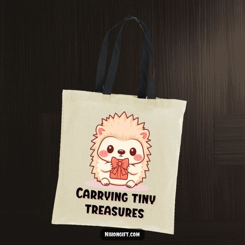 Funny Hedgehog Tote Bag: A kawaii hedgehog proudly displays a tiny gift with a decorative bow.