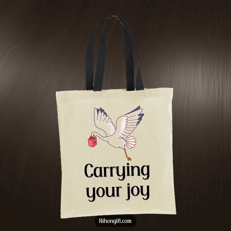 Funny Kawaii Crane Tote Bag with a crane flying with a delicate gift box.