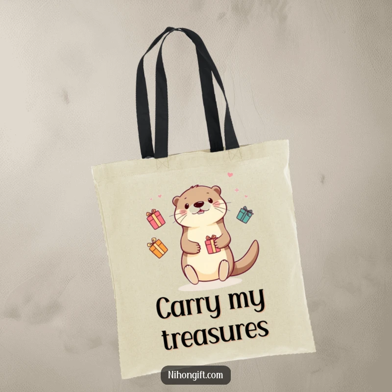 Funny Kawaii Otter Tote Bag: Cute otter juggling a stack of colorful gift boxes, symbolizing joy and abundance.