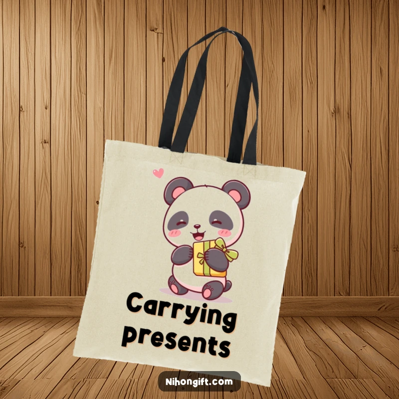 Funny kawaii panda joyfully holding a gift with a ribbon on a durable tote bag, perfect for stylish carrying.