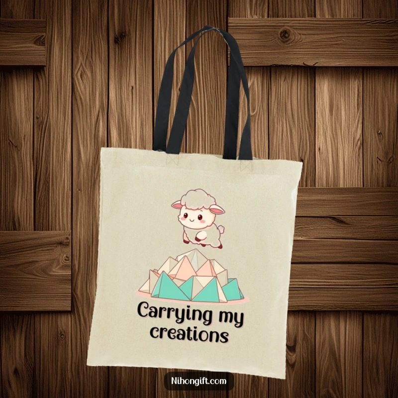 Funny Kawaii Sheep Tote Bag with a sheep bounding over a pile of folded origami.