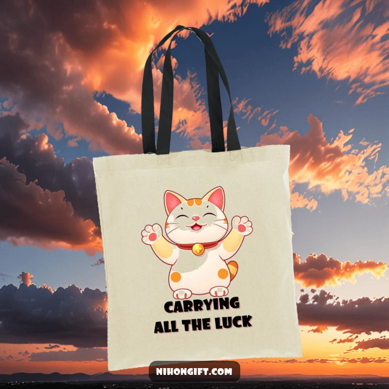 Funny tote bag depicting a lucky cat waving multiple paws, designed for good luck and carrying essentials. A humorous and practical accessory.