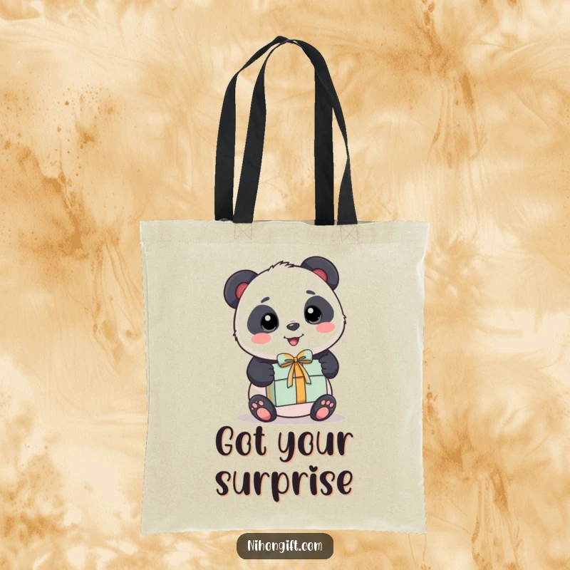 Funny Panda Tote Bag: A kawaii panda is all smiles as it presents a nicely wrapped gift.