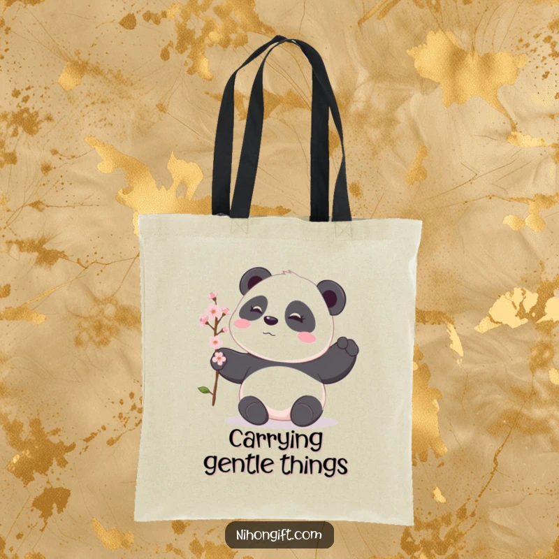 Funny panda tote bag featuring a shy panda gently offering a delicate cherry blossom branch, perfect for carrying essentials with serenity.