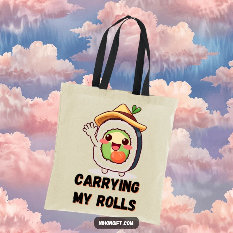 Funny tote bag featuring a charming sushi roll character in a straw hat, waving excitedly, ideal for shopping.