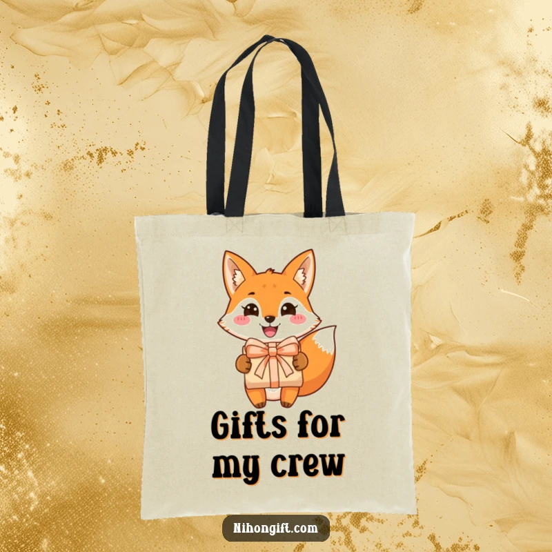 Funny fox tote bag featuring a grinning fox presenting a beautifully wrapped gift, perfect for carrying essentials with a dose of cheerful humor.