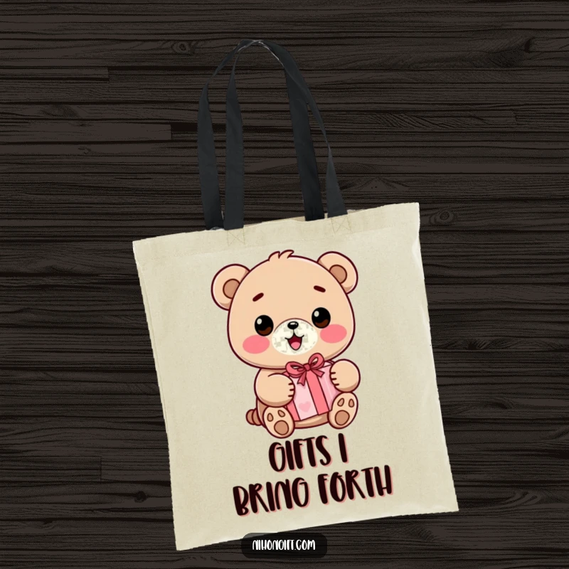 Funny Kawaii Bear Tote Bag depicting a happy bear with a wide smile, holding a wrapped present, perfect for carrying goodies.