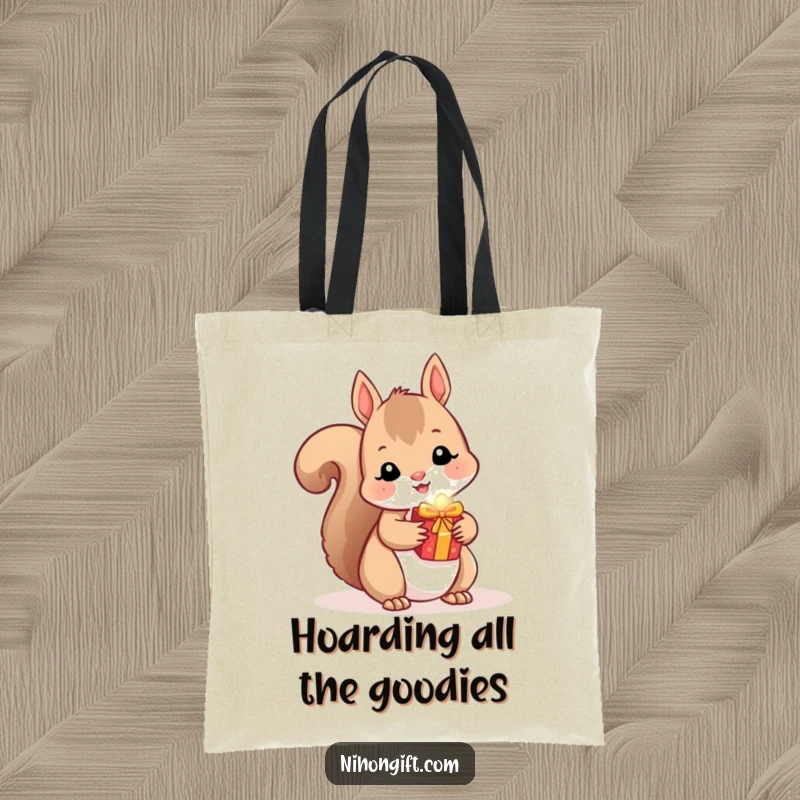 Funny Squirrel Tote Bag: A kawaii squirrel slyly hides a small, shiny object.
