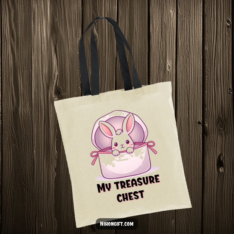 Funny tote bag with a playful rabbit peeking from a giant, shimmering gift bag, perfect for carrying everyday items with joy.